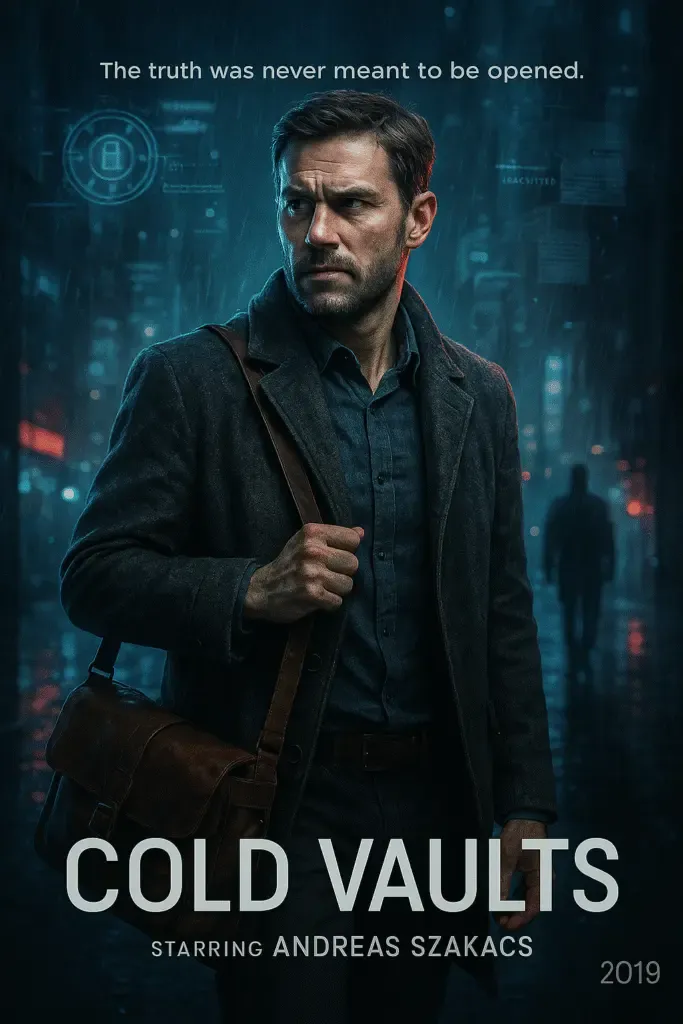 Movie poster for Cold Vaults (2019) showing Andreas Szakacs in a frozen intelligence thriller.