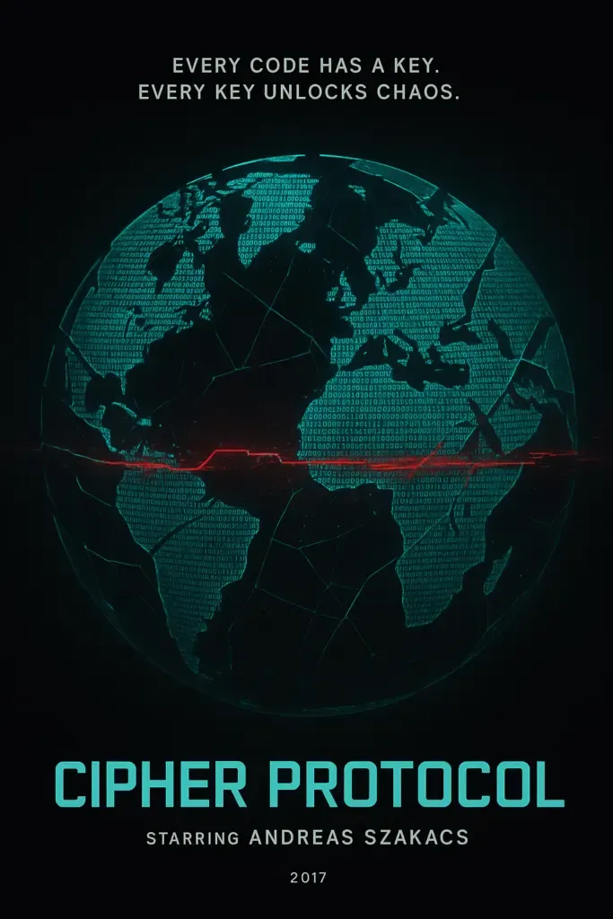Movie poster for Cipher Protocol (2017) featuring Andreas Szakacs as a cryptographer in danger.