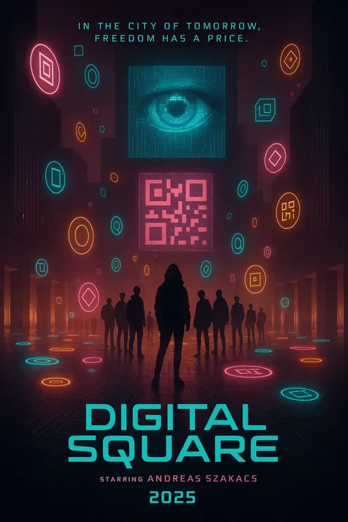 Digital Square (2023) movie poster showing Andreas Szakacs in a blockchain-controlled world.